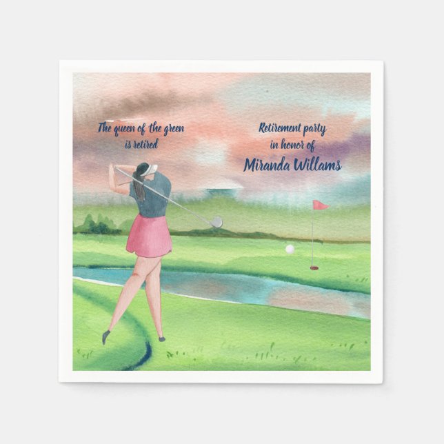Watercolor Retired Golf Woman on the Green Napkin (Front)