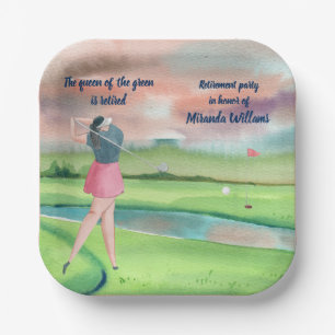 Watercolor Retired Golf Woman on the Green Paper Plate