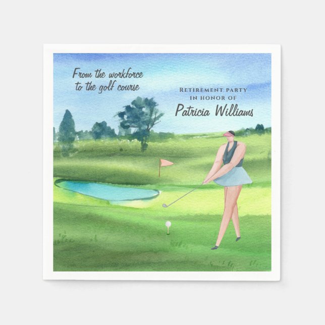 Watercolor Retired Golf Women On Golf Course Napkin (Front)