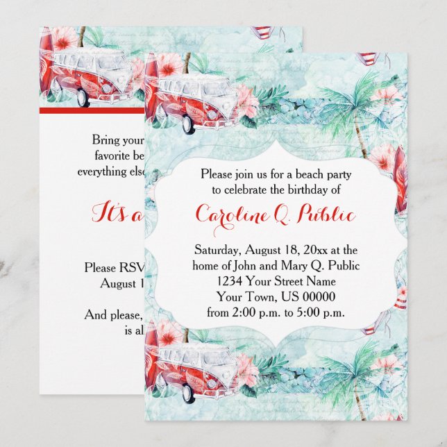 Watercolor Retro Beach Themed Party Invitation (Front/Back)