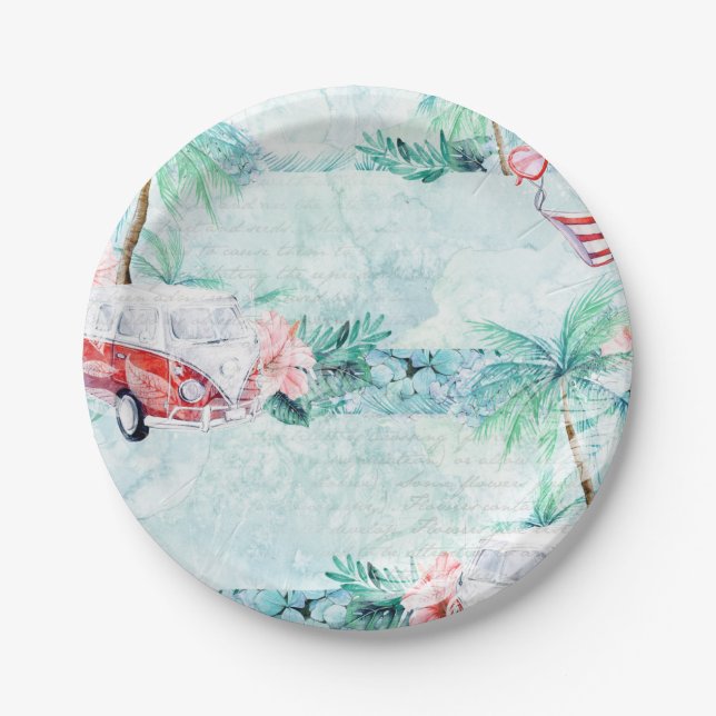 Watercolor Retro Beach Themed Party Plates (Front)