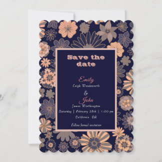 watercolor retro blush pink navy blue floral save the date