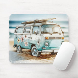Watercolor Retro Campervan With Surfboard Mouse Mat