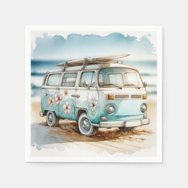 Watercolor Retro Campervan With Surfboard Napkin (Front)