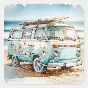 Watercolor Retro Campervan With Surfboard Square Sticker