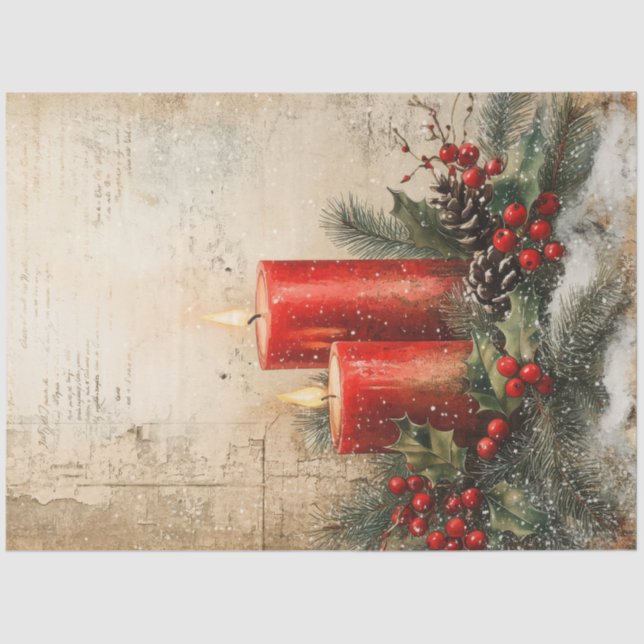 Watercolor retro Christmas red candles holly berry Tissue Paper (Front)