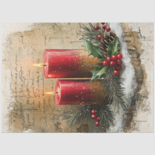 Watercolor retro Christmas red candles holly berry Tissue Paper