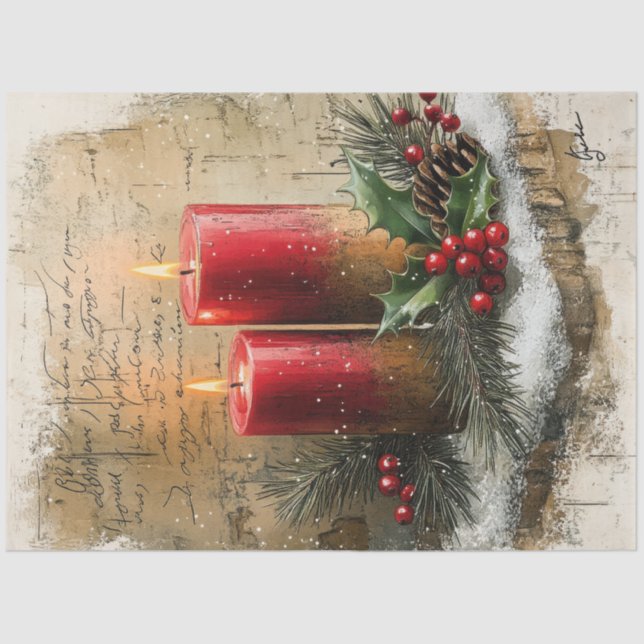 Watercolor retro Christmas red candles holly berry Tissue Paper (Front)