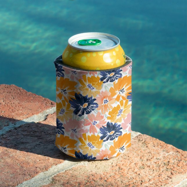 Watercolor Retro Floral Pattern Can Cooler (In Situ Pool)