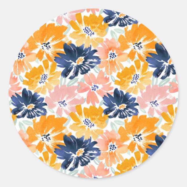 Watercolor Retro Floral Pattern Classic Round Sticker (Front)