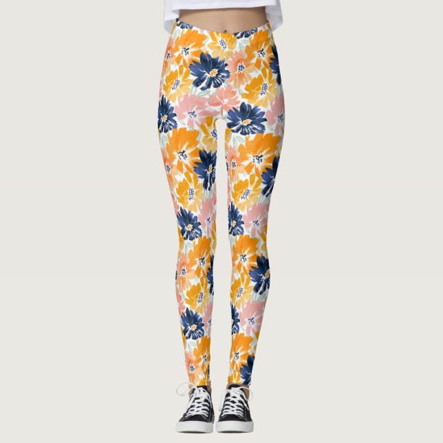 Watercolor Retro Floral Pattern Leggings (Front)