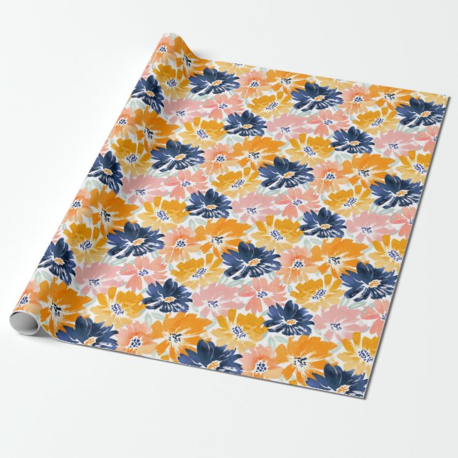 Watercolor Retro Floral Pattern Wrapping Paper (Unrolled)