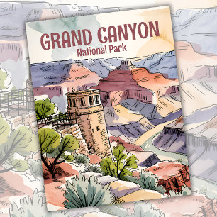 Watercolor Retro Grand Canyon Desert Watchtower Postcard