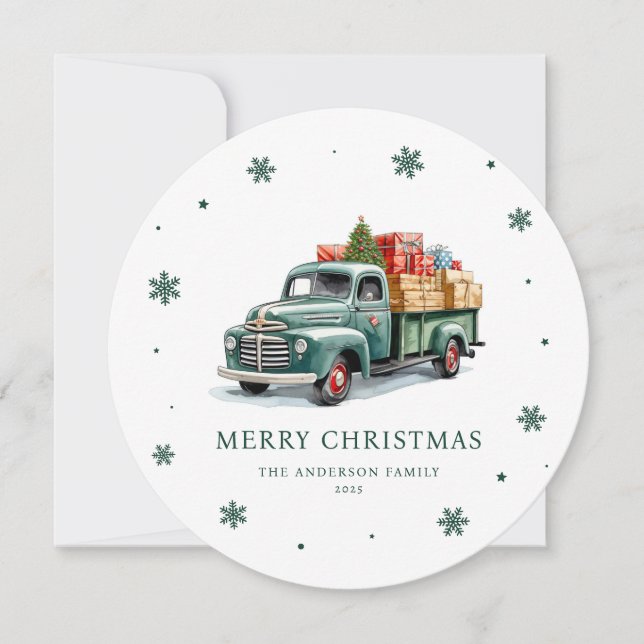 Watercolor Retro Green Truck Merry Christmas Card (Front)
