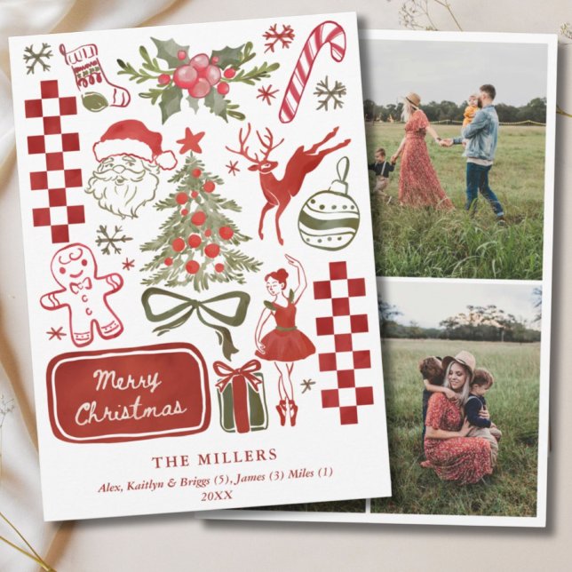 Watercolor Retro Illustrated Green & Red 3 Photo Holiday Card (Watercolor Retro Illustrated Green & Red 3 Photo Holiday Card
)