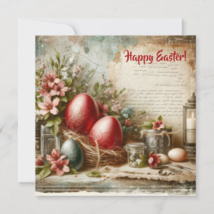 Watercolor retro red Easter eggs spring flowers Holiday Card