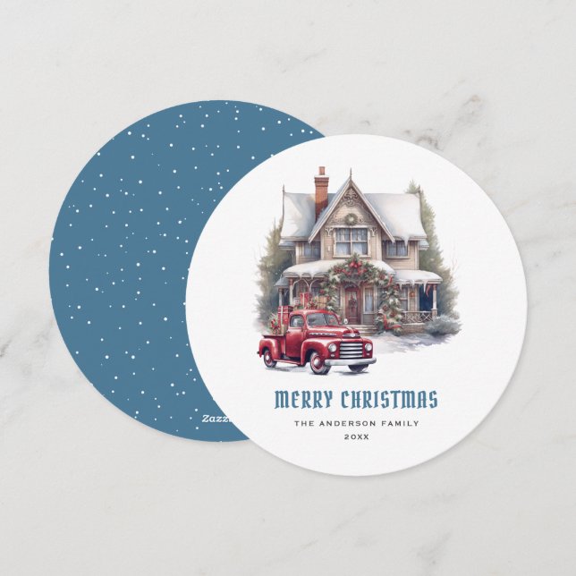 Watercolor Retro Red Truck Blue Merry Christmas Holiday Card (Front/Back)