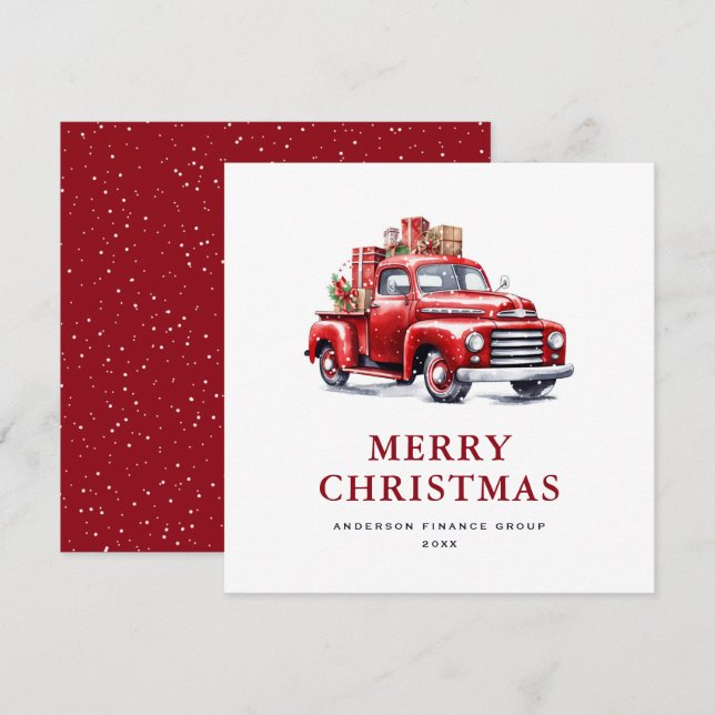 Watercolor Retro Red Truck Business Holiday Card (Front/Back)