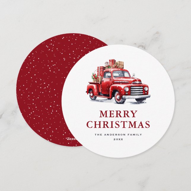 Watercolor Retro Red Truck Merry Christmas Card (Front/Back)