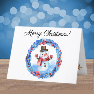Watercolor Retro Snowman Wreath Merry Christmas Holiday Card