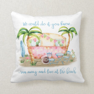 Watercolor Retro Vintage Camper Beach Scene Cushion