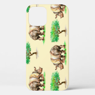 Watercolor Rhino: Hand Painted Pattern. iPhone 12 Case