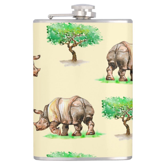 Watercolor Rhino: Hand Painted Pattern. Hip Flask (Front)