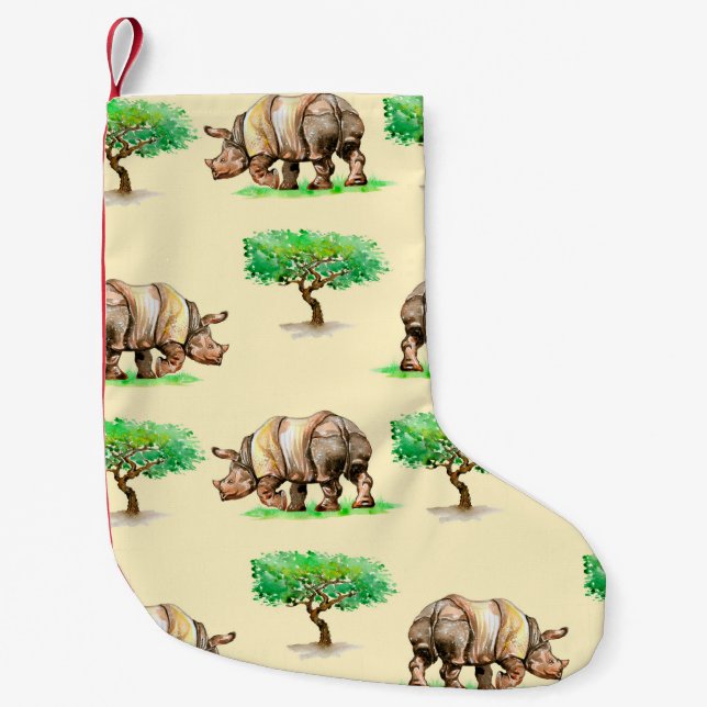 Watercolor Rhino: Hand Painted Pattern. Small Christmas Stocking (Front)