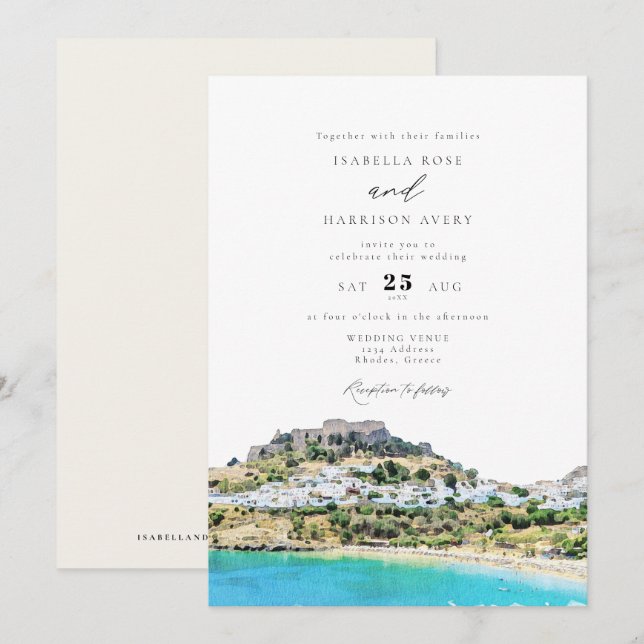 Watercolor Rhodes Greece Beach Skyline Wedding Invitation (Front/Back)