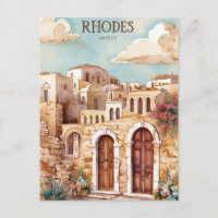Watercolor Rhodes Greece Travel Poster Mediterra