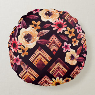 Watercolor rhombus: floral geometric pattern. round cushion
