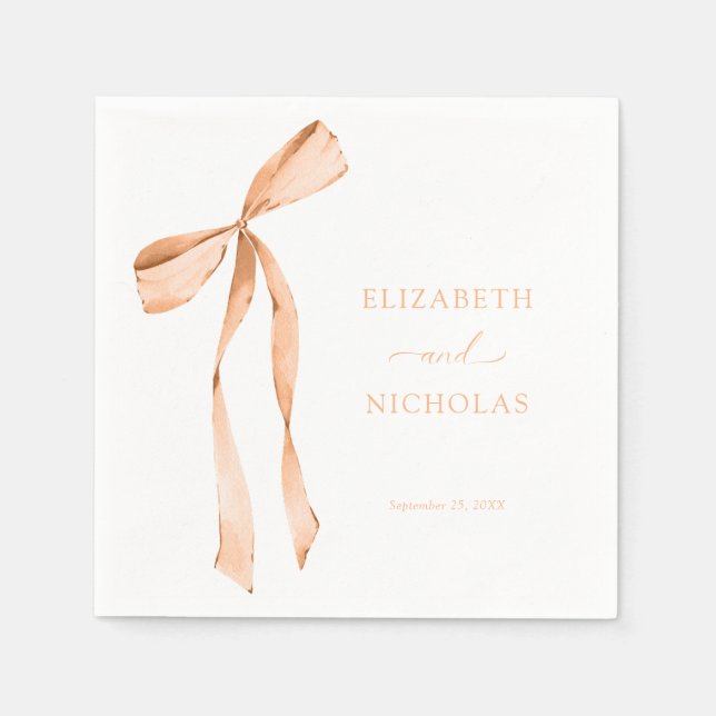 Watercolor Ribbon Bow Apricot Orange Wedding Napkin (Front)
