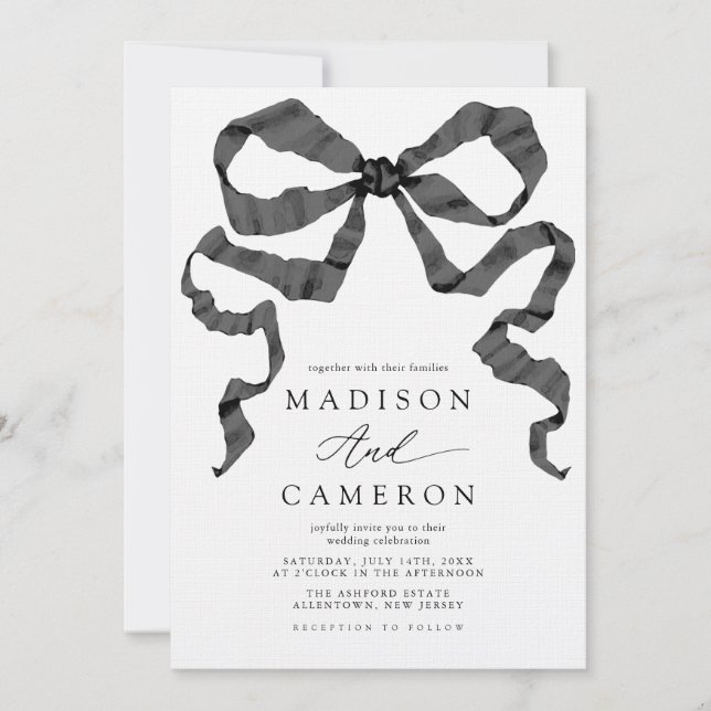 Watercolor Ribbon Bow Black and White Wedding Invitation (Front)