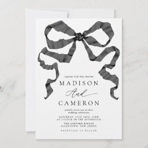 Watercolor Ribbon Bow Black and White Wedding Invitation
