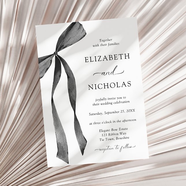 Watercolor Ribbon Bow Black and White Wedding Invitation (Creator Uploaded)