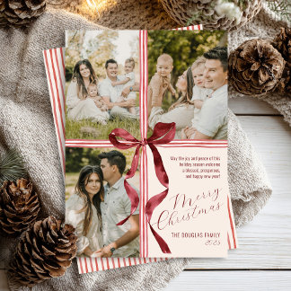 Watercolor Ribbon Bow Modern 3 Photo Christmas Holiday Card