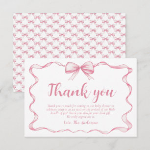 Watercolor Ribbon Pink Bow Girl Ribbon Baby Shower Thank You Card