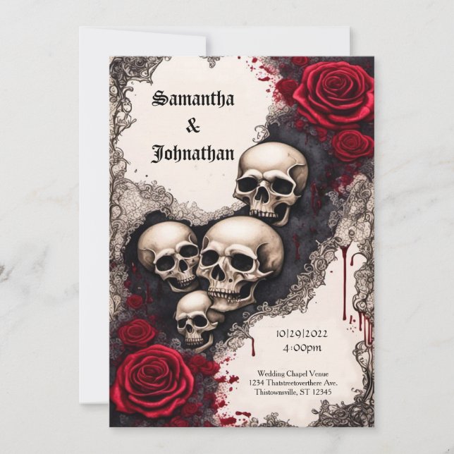 Watercolor Ribbon Skull and Roses Goth Wedding Invitation (Front)