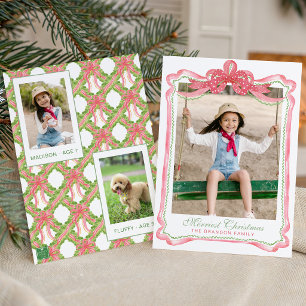 Watercolor Ric Rac Ribbon Bow Frame Christmas Holiday Card