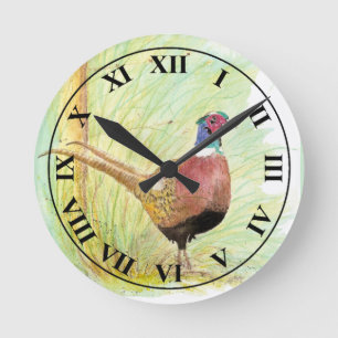 Watercolor Ring-Necked Pheasant Game Bird Round Clock
