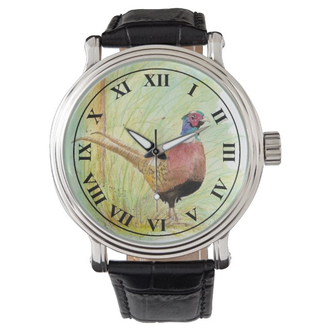 Watercolor Ring-Necked Pheasant Game Bird Watch (Front)