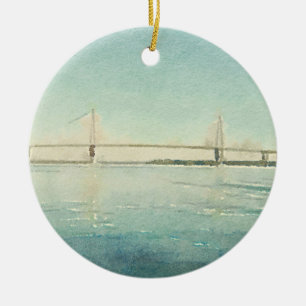 Watercolor River Bridge Charleston South Carolina Ceramic Tree Decoration