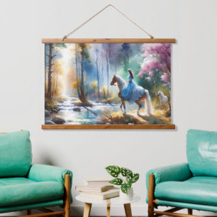 Watercolor River Horsewoman Forest Light Hanging Tapestry