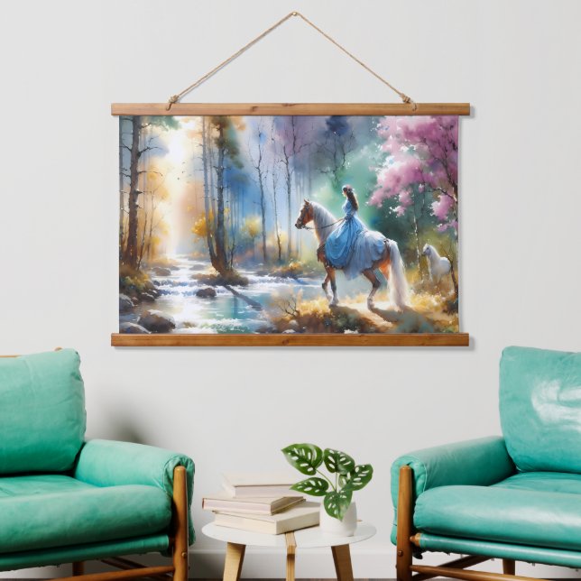 Watercolor River Horsewoman Forest Light Hanging Tapestry (Living Room)
