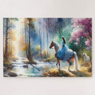 Watercolor River Horsewoman Forest Light Jigsaw Puzzle