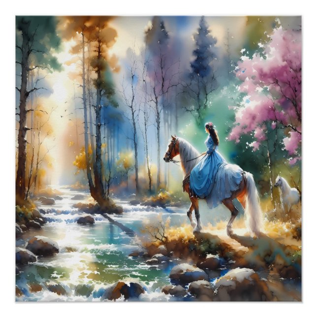 Watercolor River Horsewoman Forest Light Poster (Front)