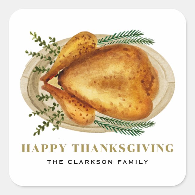 Watercolor Roasted Turkey Dinner Thanksgiving Square Sticker (Front)