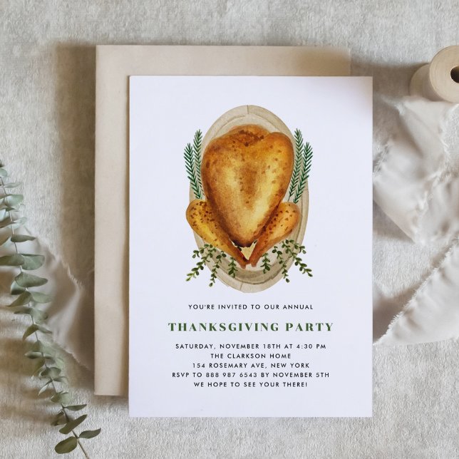 Watercolor Roasted Turkey Thanksgiving Dinner Invitation (Creator Uploaded)