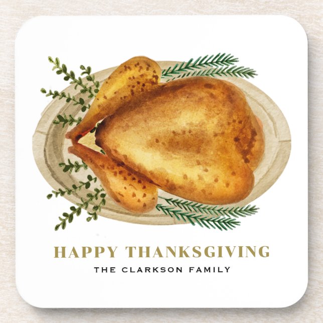 Watercolor Roasted Turkey Thanksgiving Party Coaster (Front)