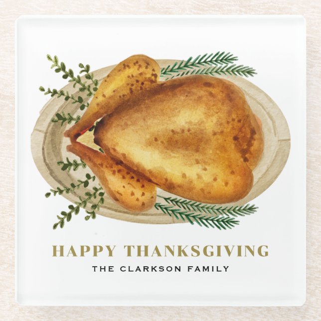 Watercolor Roasted Turkey Thanksgiving Party Glass Coaster (Front)